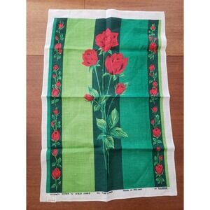 Vtg Ulster Linen Tea Towel Regency Roses Made In‎ Ireland Leslie Jones Red Green